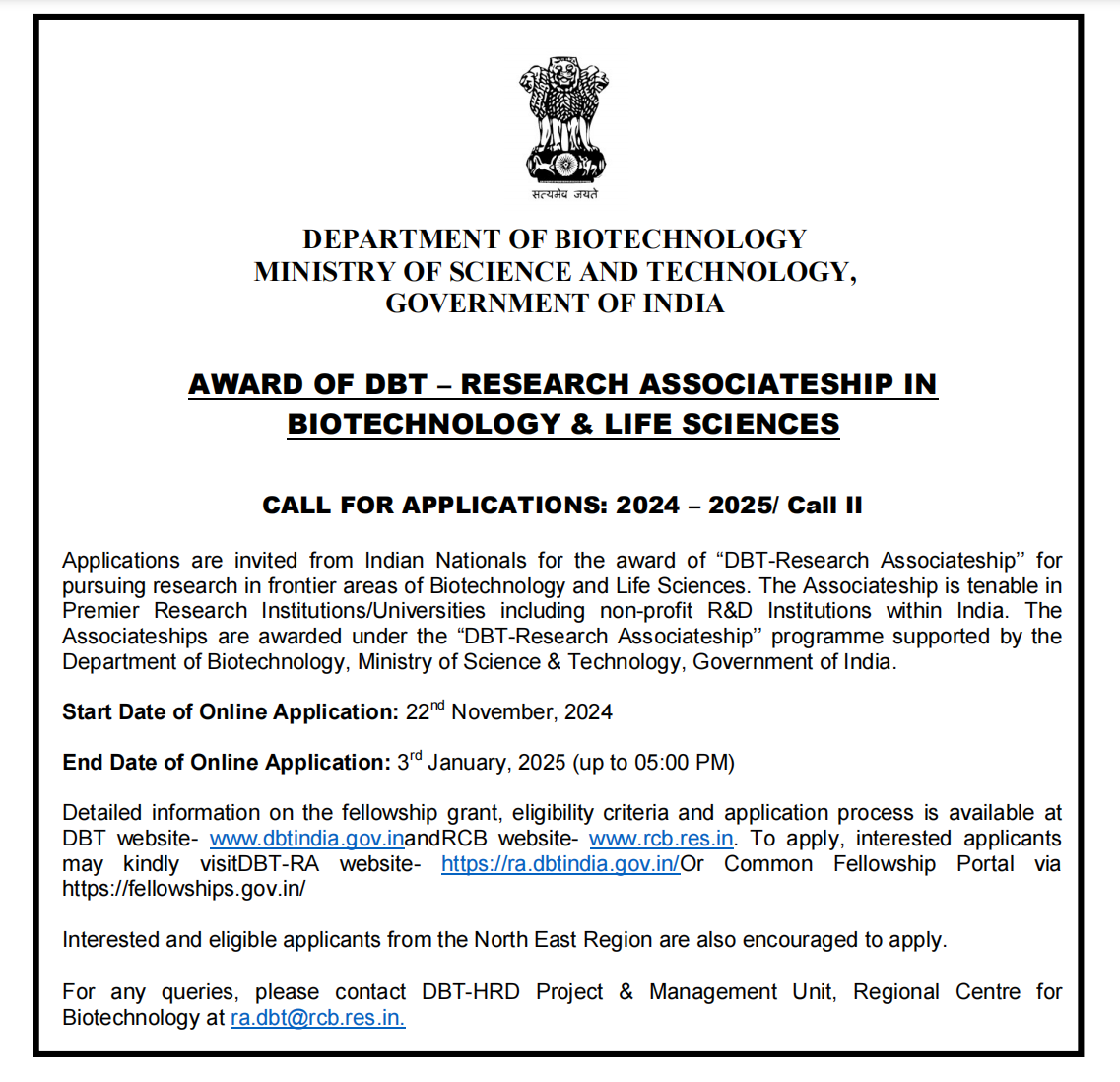 CALL FOR APPLICATIONS UNDER DBT-RESEARCH ASSOCIATESHIP (DBT-RA) IN BIOTECHNOLOGY & LIFE SCIENCES FOR 2024-25/ Call II