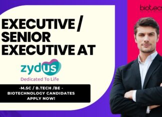 Executive Senior Executive at Zydus Biologics -M.Sc B.Tech BE - Biotechnology Candidates Apply Now!