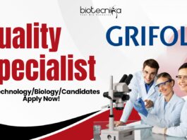 Grifols Quality Specialist - BiotechnologyBiologyCandidates Apply Now! 