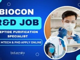 Biocon R&D Peptide Purification Specialist Job