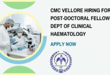CMC Vellore Hiring For Post-Doctoral Fellow in Dept of Clinical Haematology – Apply Now CMC Vellore Hiring For Post-Doctoral Fellow in Dept of Clinical Haematology - Apply Now