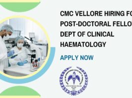 CMC Vellore Hiring For Post-Doctoral Fellow in Dept of Clinical Haematology - Apply Now