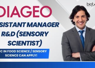 Assistant Manager R&D (Sensory Scientist) at DIAGEO, MSc in Food Science Sensory Science can apply!