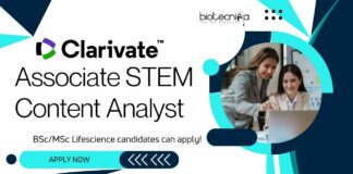 Associate STEM Content Analyst at Clarivate, BScMSc Lifescience candidates can apply!
