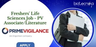 Freshers' Life Sciences Job - PV Associate/Literature