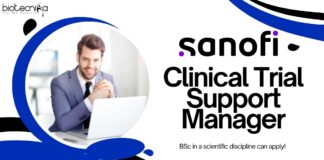 Clinical Trial Support Manager at Sanofi, candidates with a BSc in a scientific discipline can apply!