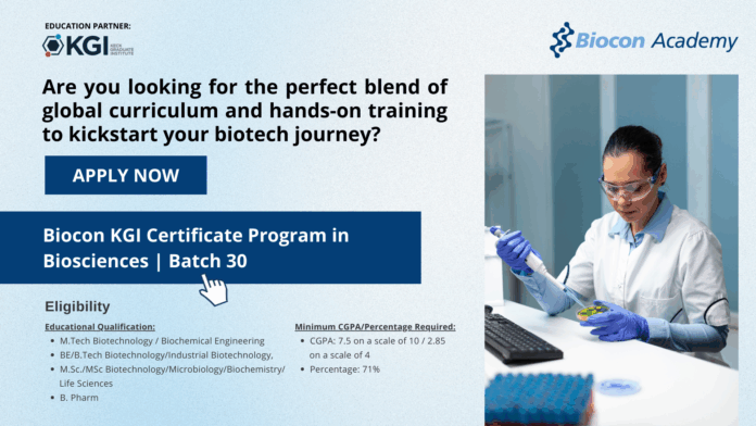 Biocon Batch 30 KGI Certificate Program in Biosciences Admissions Open