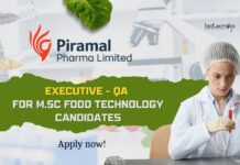 Piramal M.Sc Food tech job as Executive-QA - Apply now!