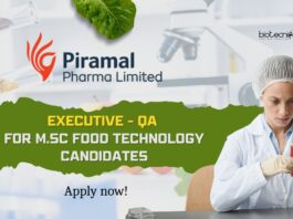 Piramal M.Sc Food tech job as Executive-QA - Apply now!