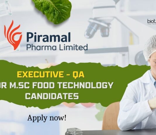 Piramal M.Sc Food tech job as Executive-QA - Apply now!