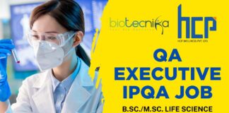 QA Executive IPQA Job – HCP Wellness B.Sc.M.Sc. Life Science Required