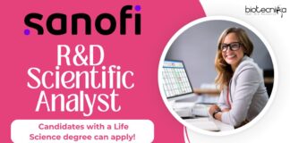 R&D Scientific Analyst at Sanofi, candidates with a Life Science degree can apply!