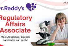 Regulatory Affairs Associate at Dr. Reddy’s Laboratories, MSc Life Science/ Biotech Apply Regulatory Affairs Associate at Dr. Reddy’s Laboratories, MSc Lifescience Biotech candidates can apply!