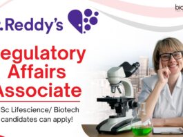 Regulatory Affairs Associate at Dr. Reddy’s Laboratories, MSc Lifescience Biotech candidates can apply!