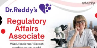 Regulatory Affairs Associate at Dr. Reddy’s Laboratories, MSc Lifescience Biotech candidates can apply!