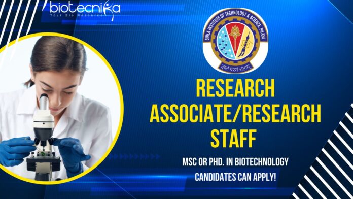 Research AssociateResearch Staff at BITS Pilani, MSc or PhD. in Biotechnology candidates can apply!