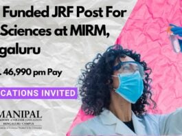 MIRM Bengaluru JRF Job For MSc Life Sciences