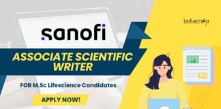 Sanofi Associate Scientific Writer Job M.Sc Lifescience - Apply!
