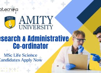 Amity University Research and Administrative Co-ordinator, MSc Life Science Candidates Apply Now