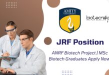JRF Position at Amity University for ANRF Biotech Project | MSc Biotech Graduates Apply Now