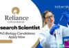 Reliance R&D Research Scientist Job | PhD Biology Candidates Apply Now.
