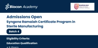 Syngene Ramaiah Certificate Program in Sterile Manufacturing Batch 4 Admissions Open!