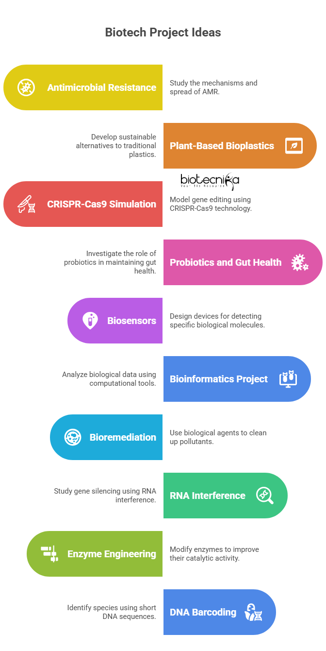 Infographic of top 10 biotech project ideas for B.Sc. and M.Sc. students with brief descriptions.