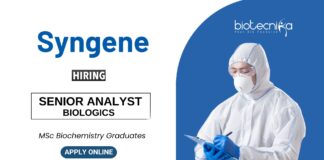 Biochemistry Jobs at Syngene MSc Graduates Apply Now for the Senior Analyst Position