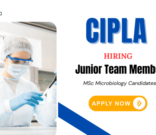 Cipla Vacancies for MSc Microbiology | Apply Now for Junior Team Member Position