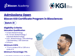 Biocon Batch 31 KGI Certificate Program in Biosciences Admissions Open