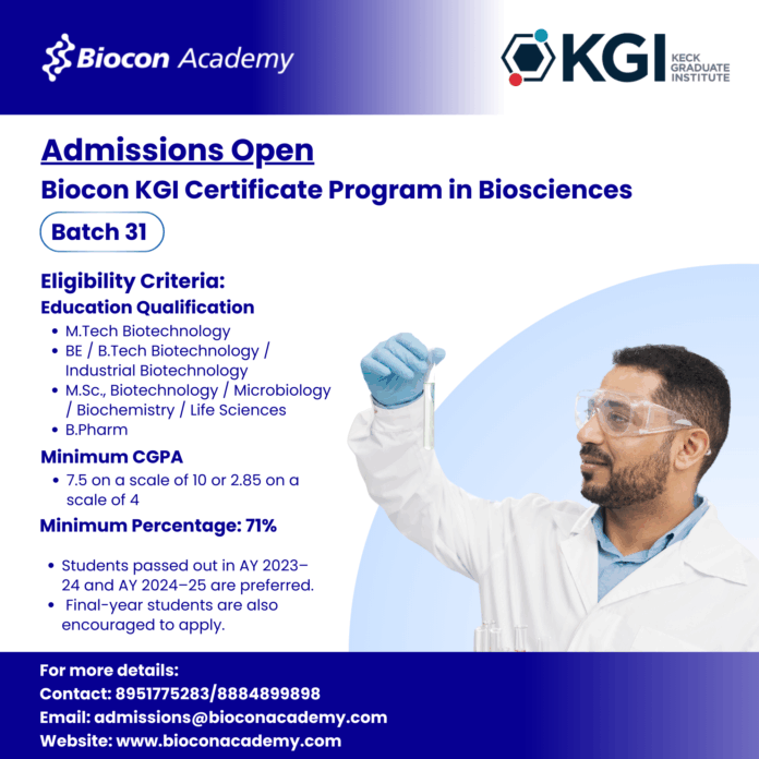 Biocon Batch 31 KGI Certificate Program in Biosciences Admissions Open