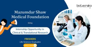 Internship Opportunity in Clinical & Translational Research Mazumdar Shaw Medical Foundation FRESHERS Life Sciences Graduates