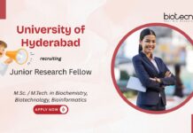 Junior Research Fellow University of Hyderabad M.Sc. / M.Tech. in Biochemistry, Biotechnology, Bioinformatics recruiting