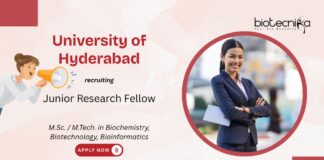 Junior Research Fellow University of Hyderabad M.Sc. / M.Tech. in Biochemistry, Biotechnology, Bioinformatics recruiting