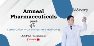 BSc/MSc Microbiology Senior Officer – QA Environment Monitoring Amneal Pharmaceuticals