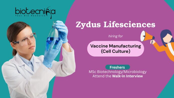 Freshers MSc Biotechnology/Microbiology Attend the Walk-in Interview Zydus Lifesciences Vaccine Manufacturing (Cell Culture)