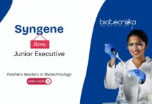 Freshers Junior Executive Job at Syngene International. Careers in biopharma manufacturing. Biotechnology Postgraduates, Apply Now