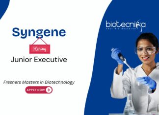 Freshers Junior Executive Job at Syngene International. Careers in biopharma manufacturing. Biotechnology Postgraduates, Apply Now