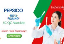 BTech Food Technology PepsiCo SC QC Associate