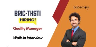 Life Sciences Quality Manager Job - Walk-in Interview at BRIC-THSTI