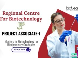 Masters in Biotechnology or Biochemistry Graduates Regional Centre For Biotechnology Project Associate-I