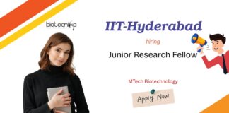 MTech Biotechnology Junior Research Fellow IIT-Hyderabad hiring