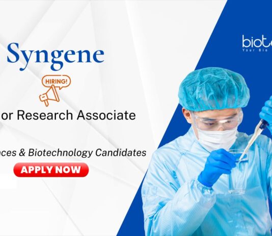 Research Associate Job at Syngene. Masters in Biotechnology and Life Sciences Candidates, Apply Now. Job in Bangalore.
