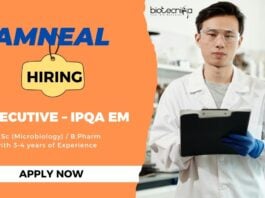 MSc Microbiology Jobs in India:  Amneal is Hiring for the Executive – IPQA EM position at Ahmedabad facility -  Apply Now