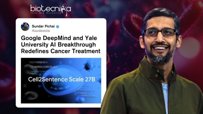 Google DeepMind and Yale University AI Breakthrough Redefines Cancer Treatment. AI model from Google DeepMind and Yale University highlighting cancer cells for advanced immunotherapy research