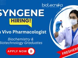 Freshers Job at Syngene - In Vivo Pharmacologist Role in Bangalore | Biochemistry & Biotechnology Graduates Apply