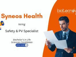 Life Sciences PV Job at Syneos Health, for Safety & PV Specialist Role. Career in pharmacovigilance documentation & clinical safety. Apply Now