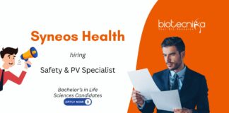 Life Sciences PV Job at Syneos Health, for Safety & PV Specialist Role. Career in pharmacovigilance documentation & clinical safety. Apply Now