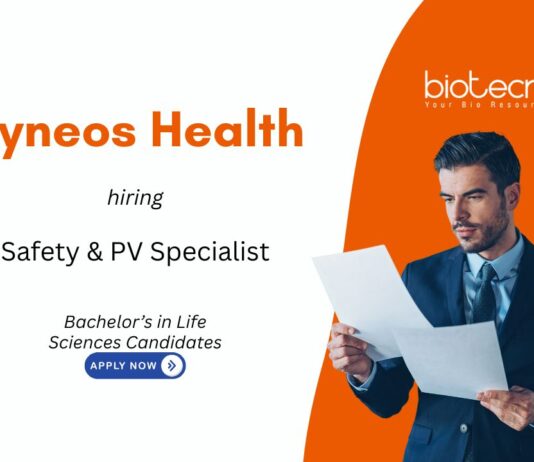 Life Sciences PV Job at Syneos Health, for Safety & PV Specialist Role. Career in pharmacovigilance documentation & clinical safety. Apply Now