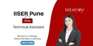 IISER Pune Recruitment 2025, for Technical Assistant Role. Bachelor's in Biology and Teaching experience, Attend the Walk-in Interview.
